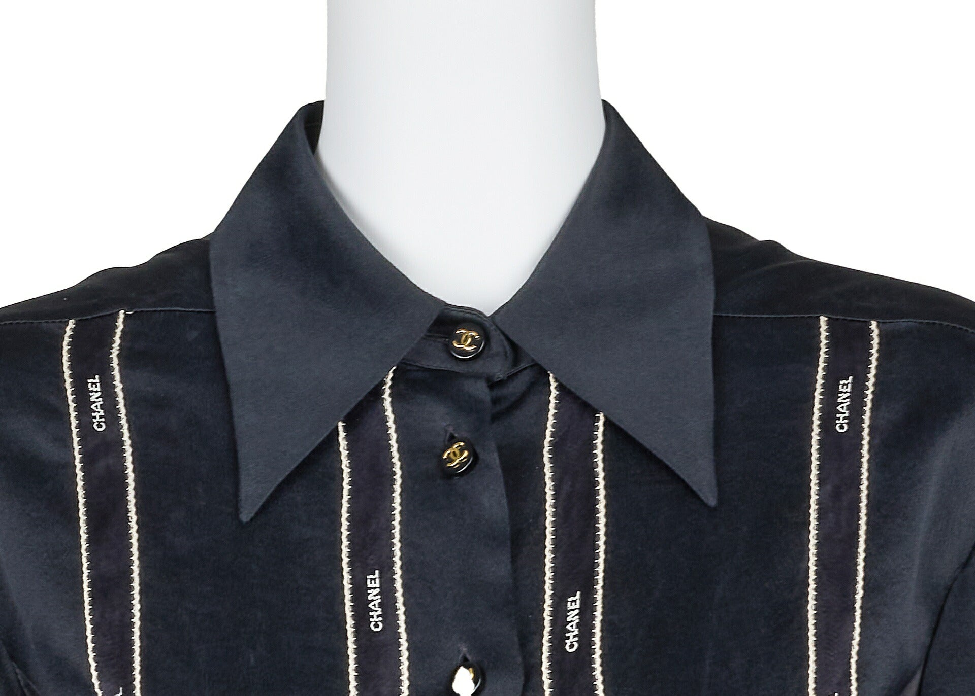 Chanel Blouse Shirt Long Sleeve Coco Button Silk Black Gold-Tone Hardware Pre-Owned - Vintage La Charme