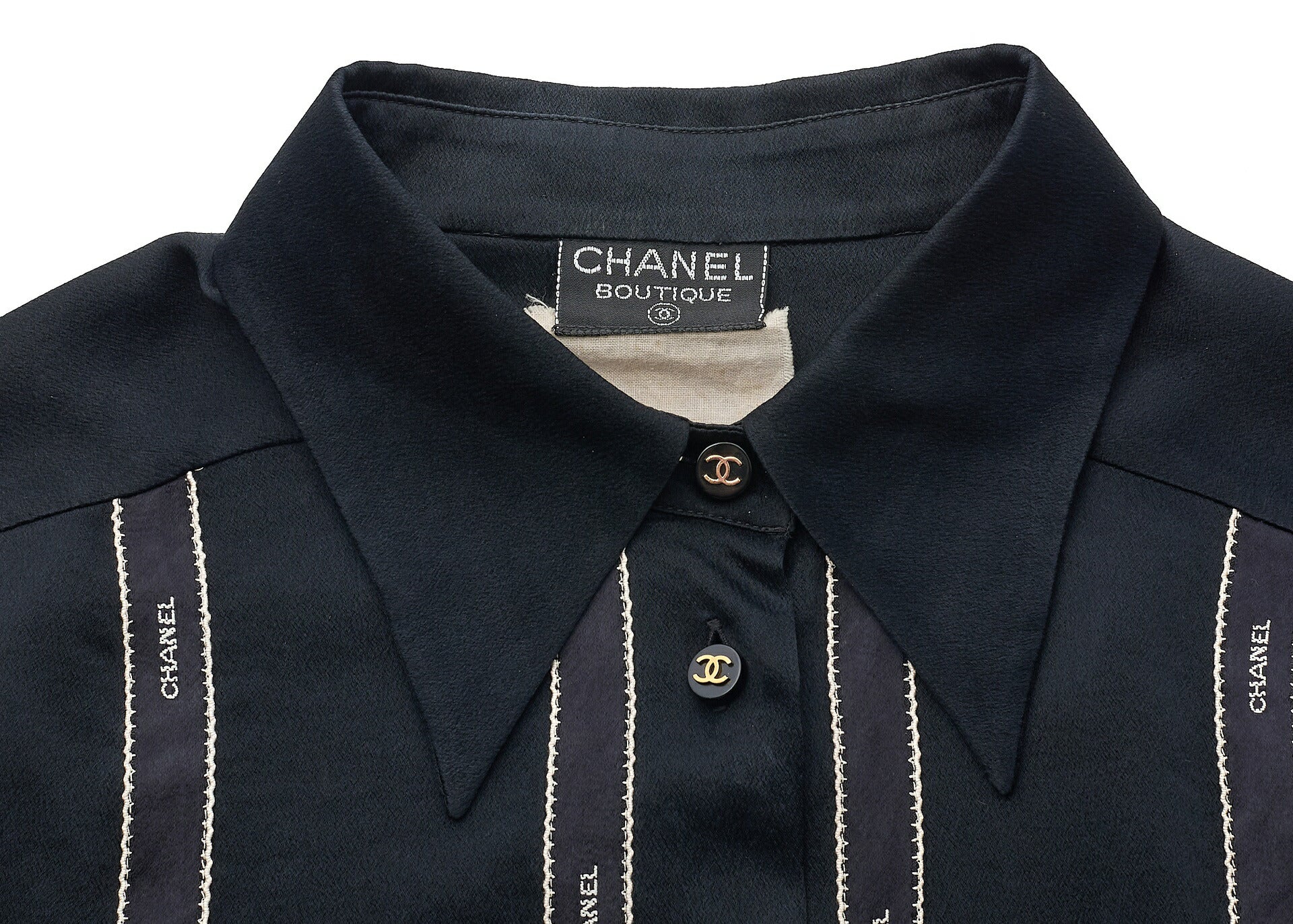 Chanel Blouse Shirt Long Sleeve Coco Button Silk Black Gold-Tone Hardware Pre-Owned - Vintage La Charme