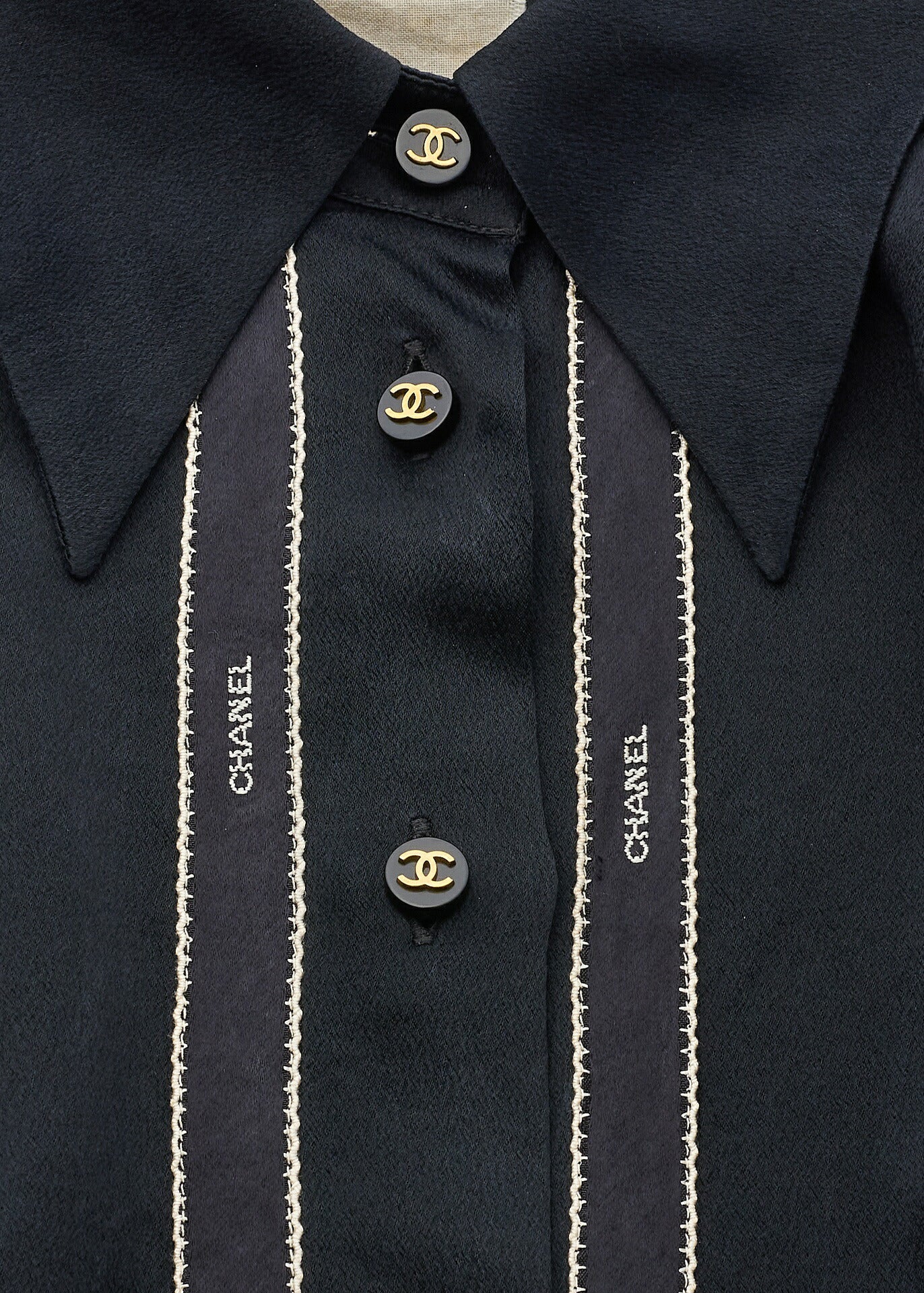 Chanel Blouse Shirt Long Sleeve Coco Button Silk Black Gold-Tone Hardware Pre-Owned - Vintage La Charme