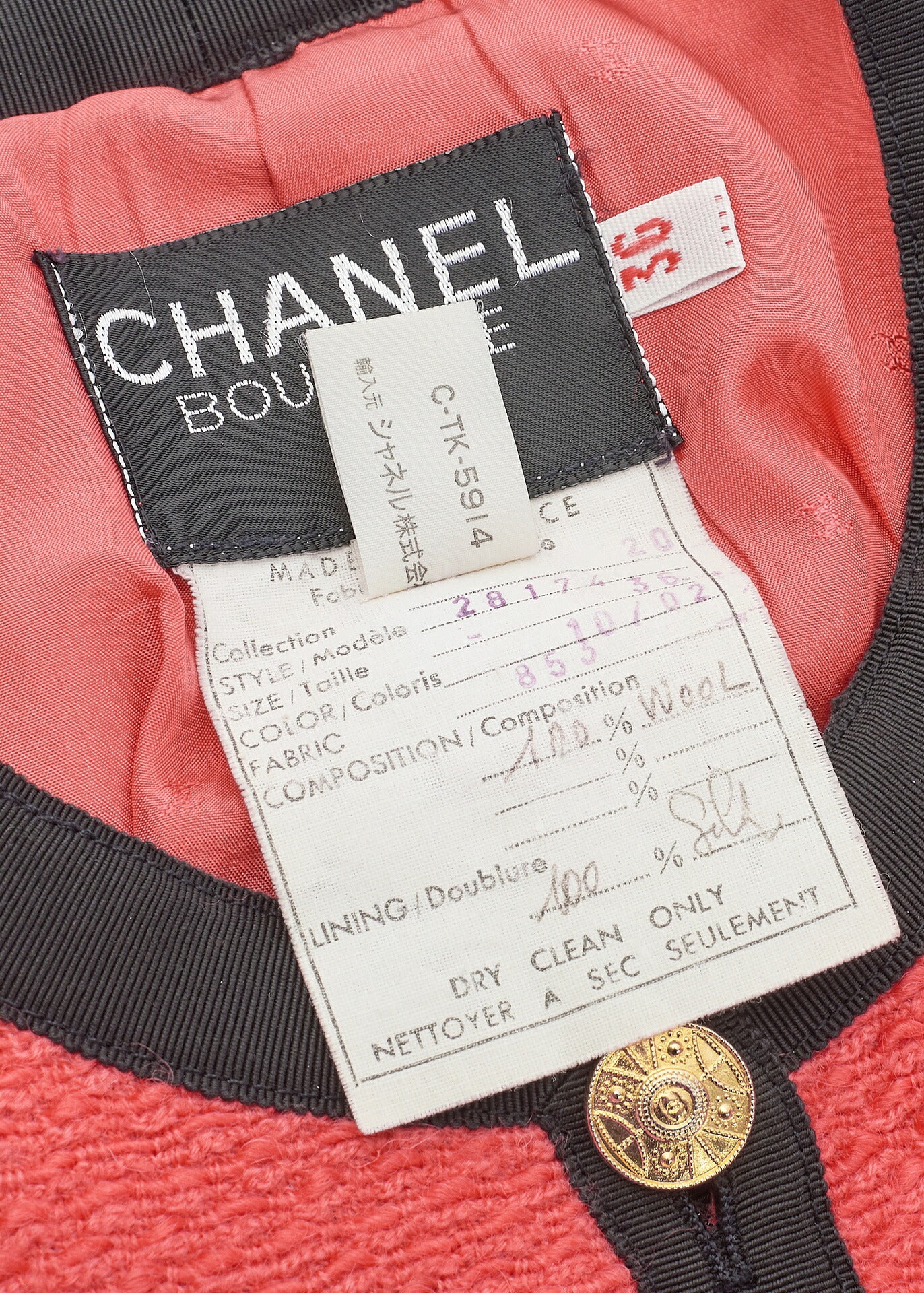 CHANEL Jacket Coat, Coco Button, Long Sleeve, Wool Blend, Red, Gold-Tone Hardware, Pre-Owned - Vintage La Charme