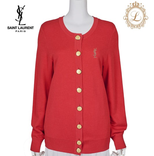 Saint Laurent Cardigan Knit Outer Top, Luxury Style, Cotton Rayon Blend, Red, Silver-Tone Hardware, Pre-Owned - Vintage La Charme
