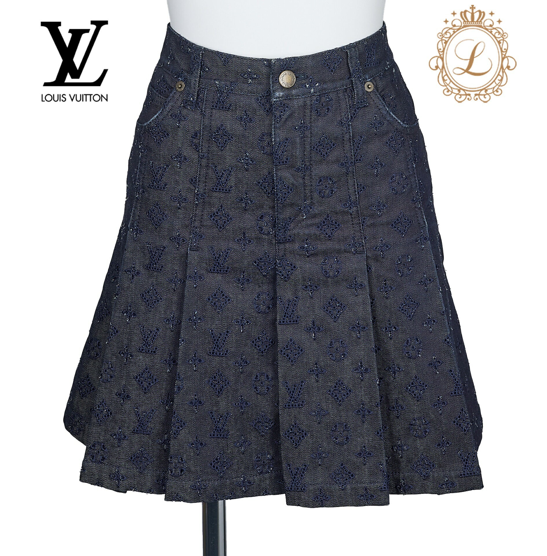 Louis Vuitton Pleated Skirt, Monogram Punching, Cotton, Blue, Silver-Tone Hardware, Pre-Owned - Vintage La Charme