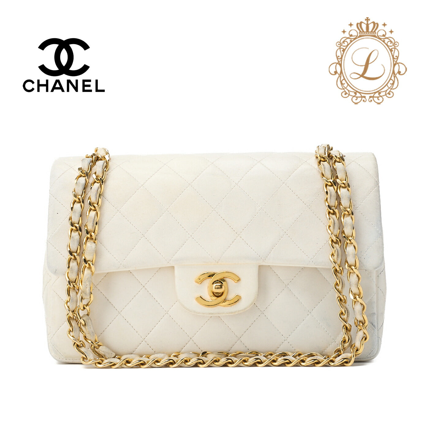 CHANEL Shoulder Bag, Matelasse W Flap, Chain Shoulder, Lambskin, White, Gold-Tone Hardware, Pre-Owned - Vintage La Charme