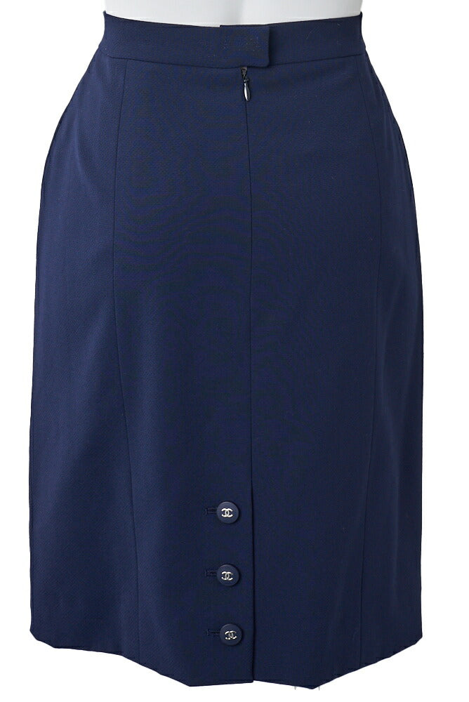CHANEL Jacket Skirt Set, Coco Button, Wool, Navy, Gold-Tone Hardware, Pre-Owned - Vintage La Charme