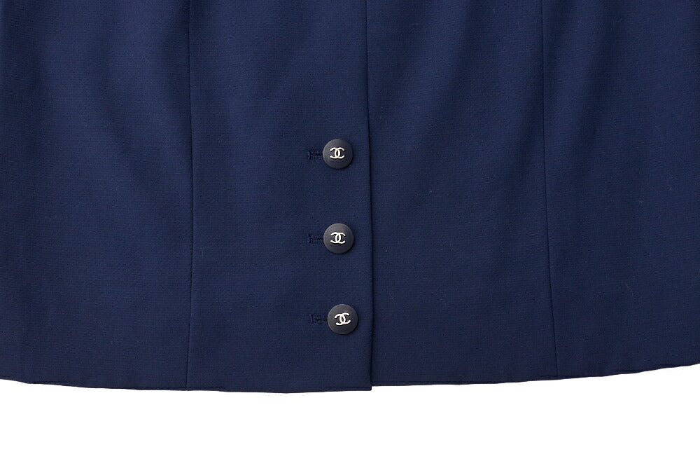 CHANEL Jacket Skirt Set, Coco Button, Wool, Navy, Gold-Tone Hardware, Pre-Owned - Vintage La Charme