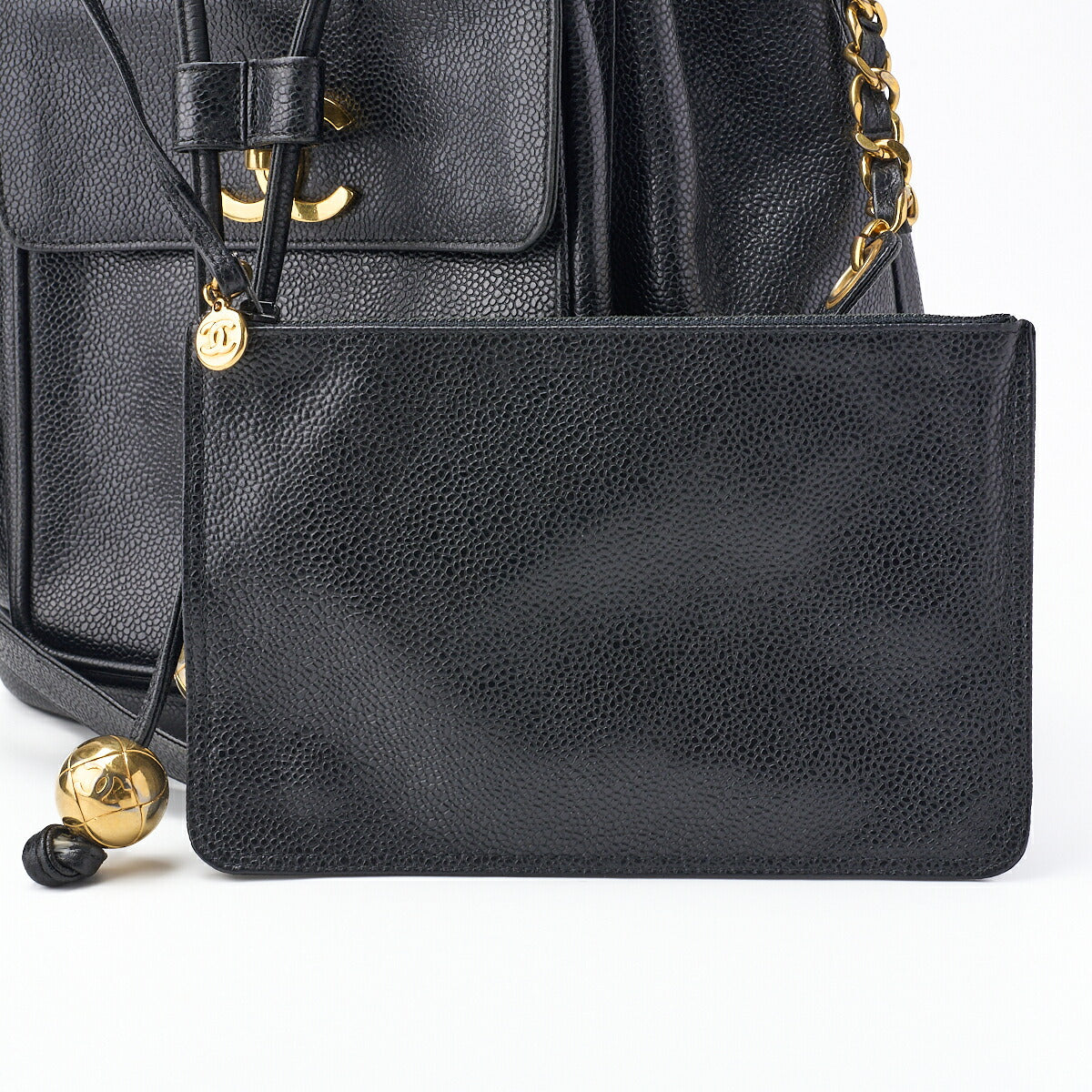 CHANEL Chain Shoulder Backpack Bag, Outside Flap, Drawstring Type, Caviar Skin, Black, Gold-Tone Hardware, Pre-Owned - Vintage La Charme