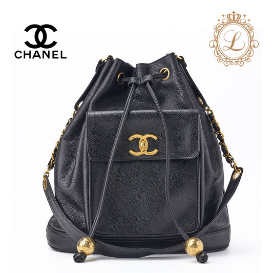 CHANEL Chain Shoulder Backpack Bag, Outside Flap, Drawstring Type, Caviar Skin, Black, Gold-Tone Hardware, Pre-Owned - Vintage La Charme