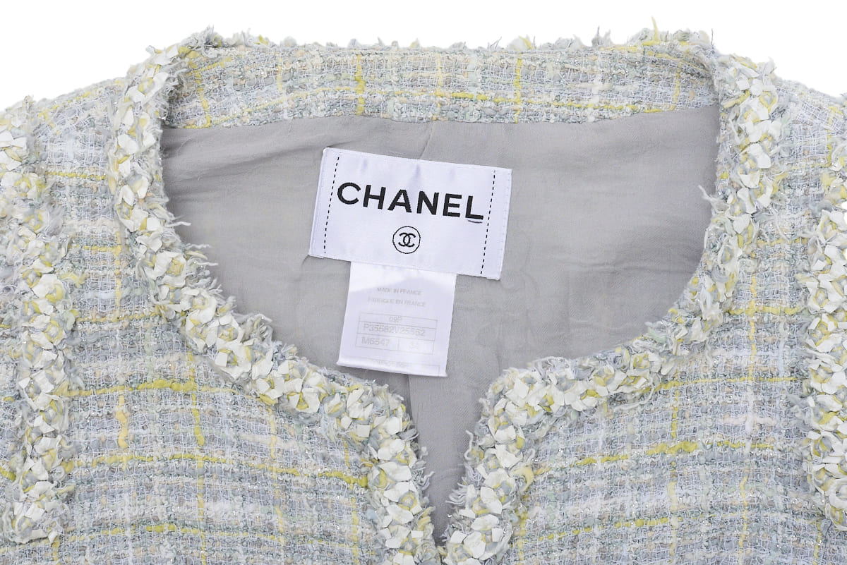 CHANEL Jacket, Tweed, No Collar, Cotton Blend, Blue, Silver-Tone Hardware, Pre-Owned - Vintage La Charme