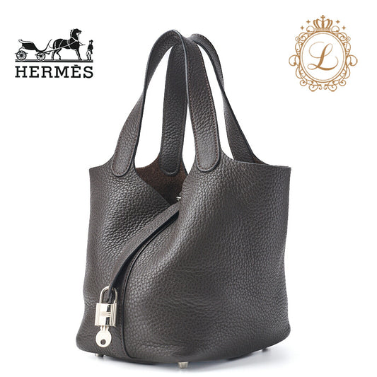 HERMES Picotin Lock PM Handbag Tryon Clemence Chocolat Silver-Tone Hardware Pre-Owned - Vintage La Charme