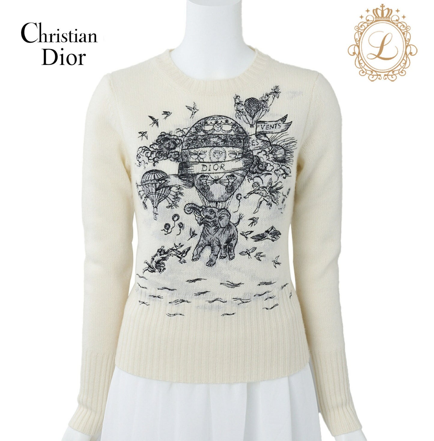 Dior Long Sleeve Knit, Logo Embroidery, Cashmere, Ivory, Gold-Tone Hardware, Pre-Owned - Vintage La Charme