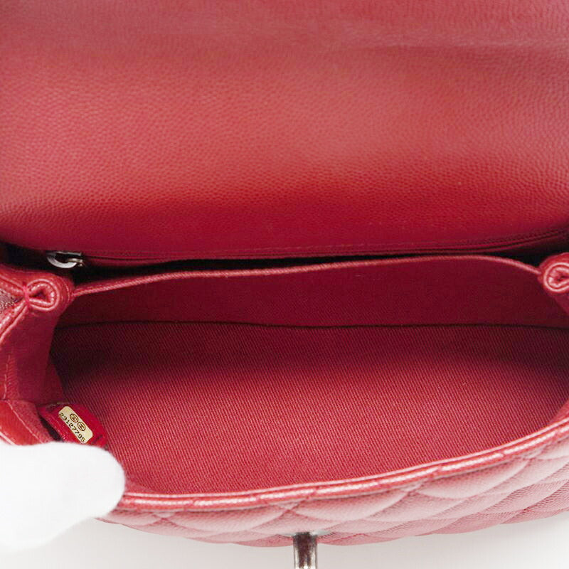 CHANEL Handbag Matelasse Coco Handle 2WAY Caviar Skin Red Silver-Tone Hardware Pre-Owned - Vintage La Charme