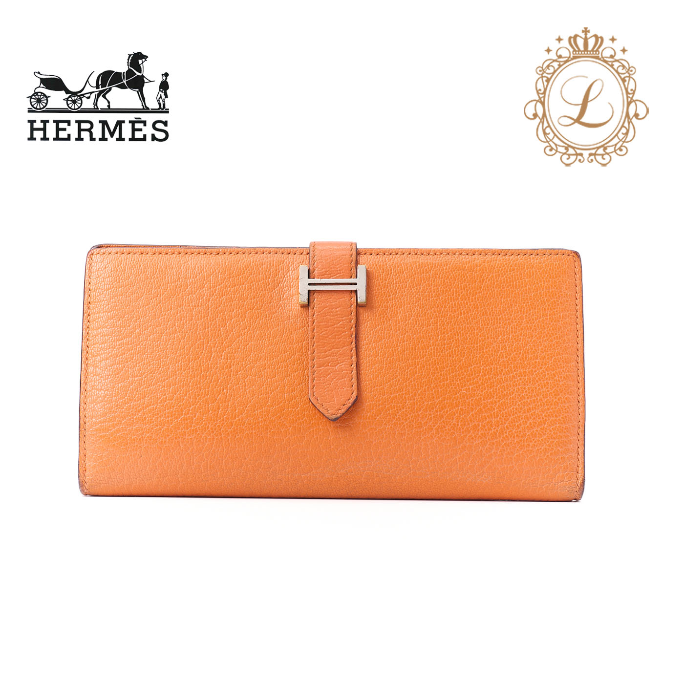 HERMES Bearn Soufflet Two-Fold Long Wallet Chevre Orange Silver-Tone Hardware Pre-Owned - Vintage La Charme