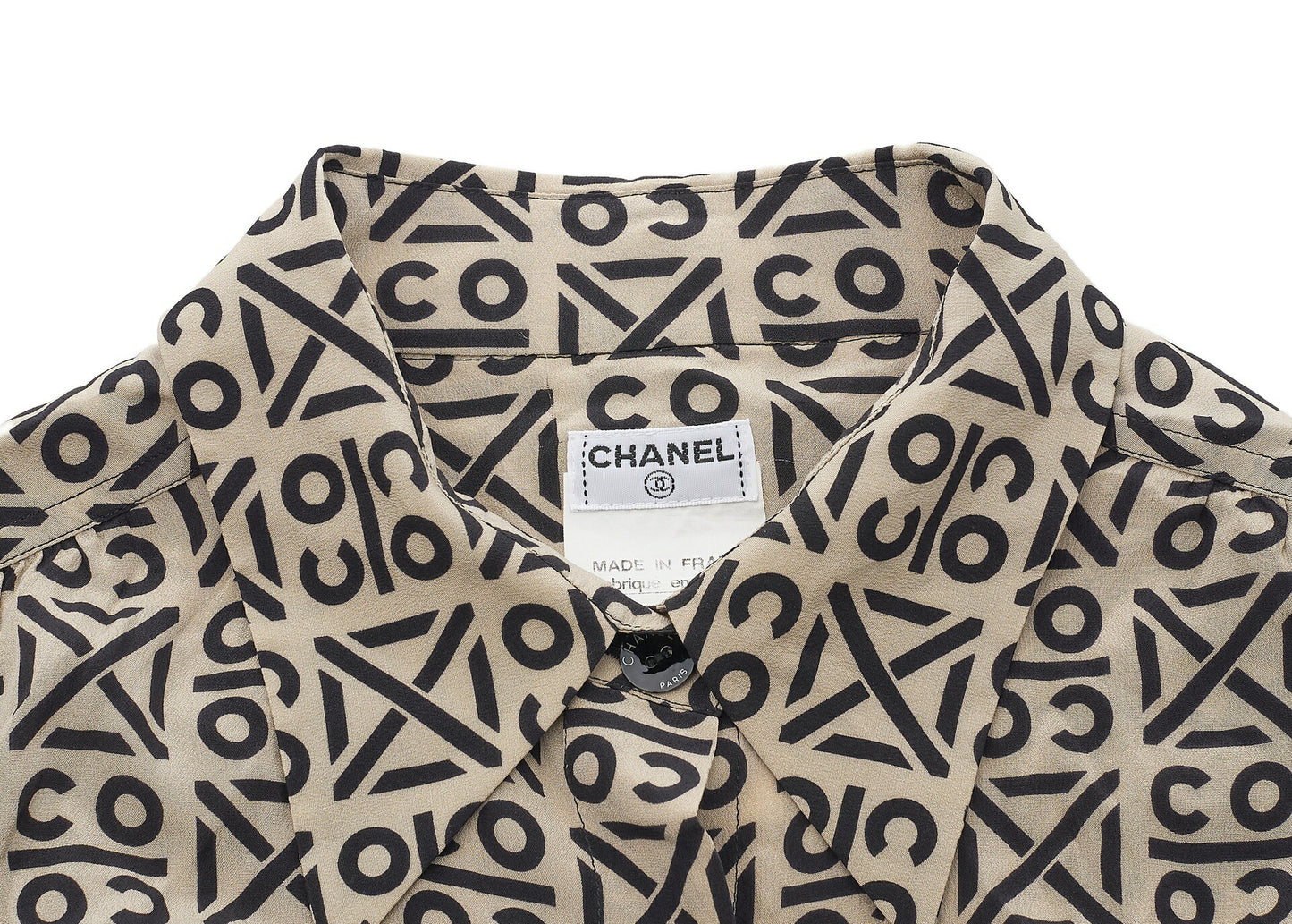 CHANEL Blouse Shirt, Coco Mark Logo Button, Silk, Beige, Gold-Tone Hardware, Pre-Owned - Vintage La Charme
