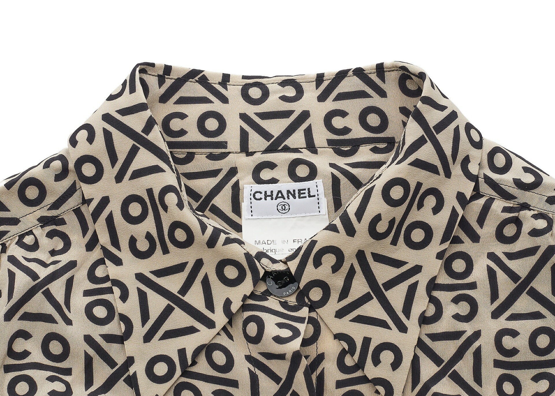 CHANEL Blouse Shirt, Coco Mark Logo Button, Silk, Beige, Gold-Tone Hardware, Pre-Owned - Vintage La Charme
