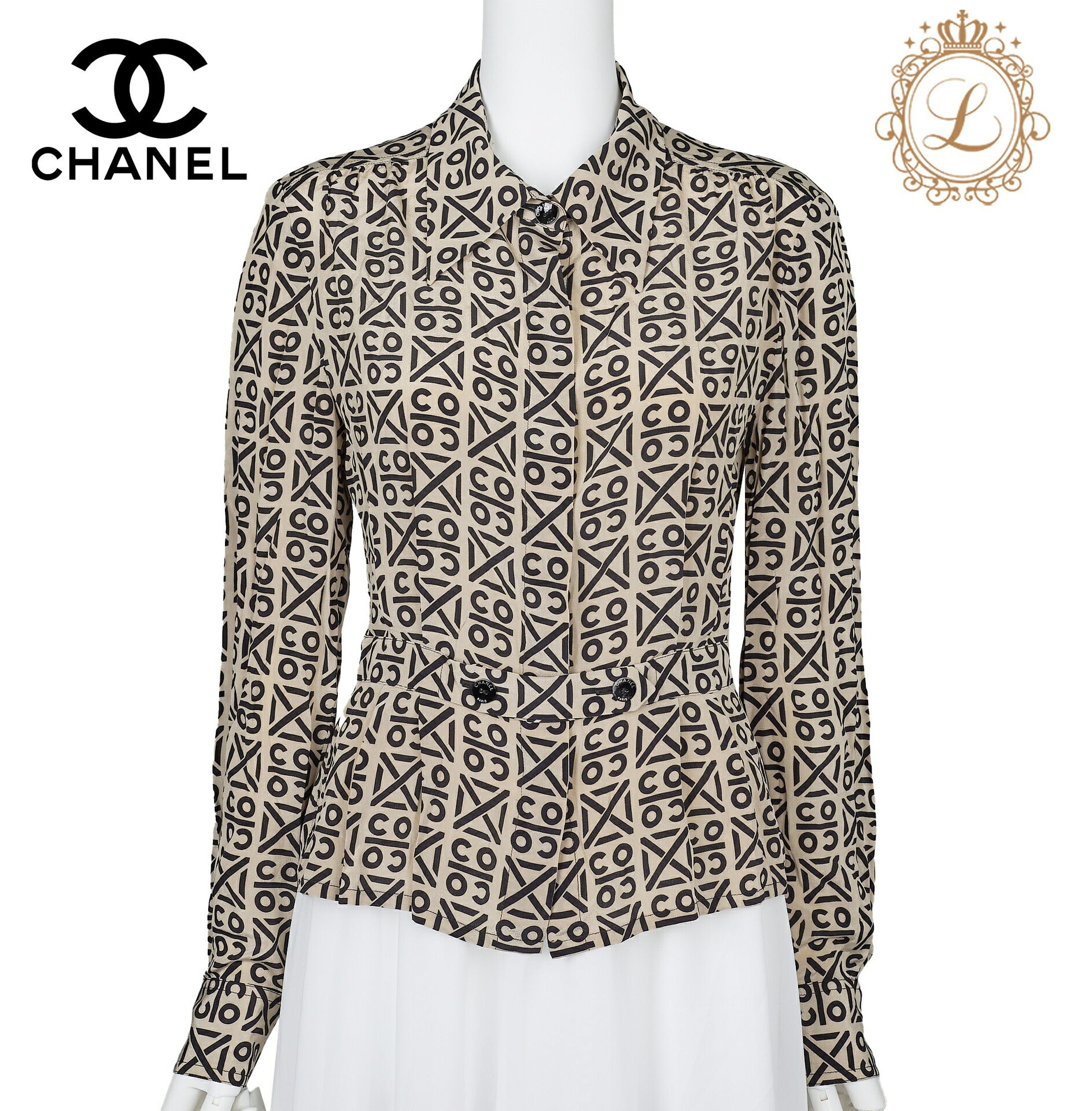 CHANEL Blouse Shirt, Coco Mark Logo Button, Silk, Beige, Gold-Tone Hardware, Pre-Owned - Vintage La Charme