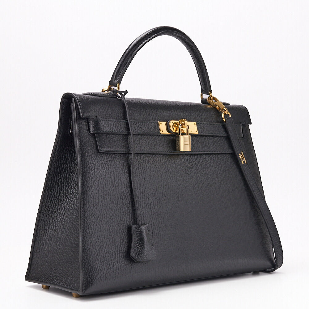 HERMES Kelly 32 2WAY Handbag Ardennes Leather Black Gold-Tone Hardware Pre-Owned - Vintage La Charme
