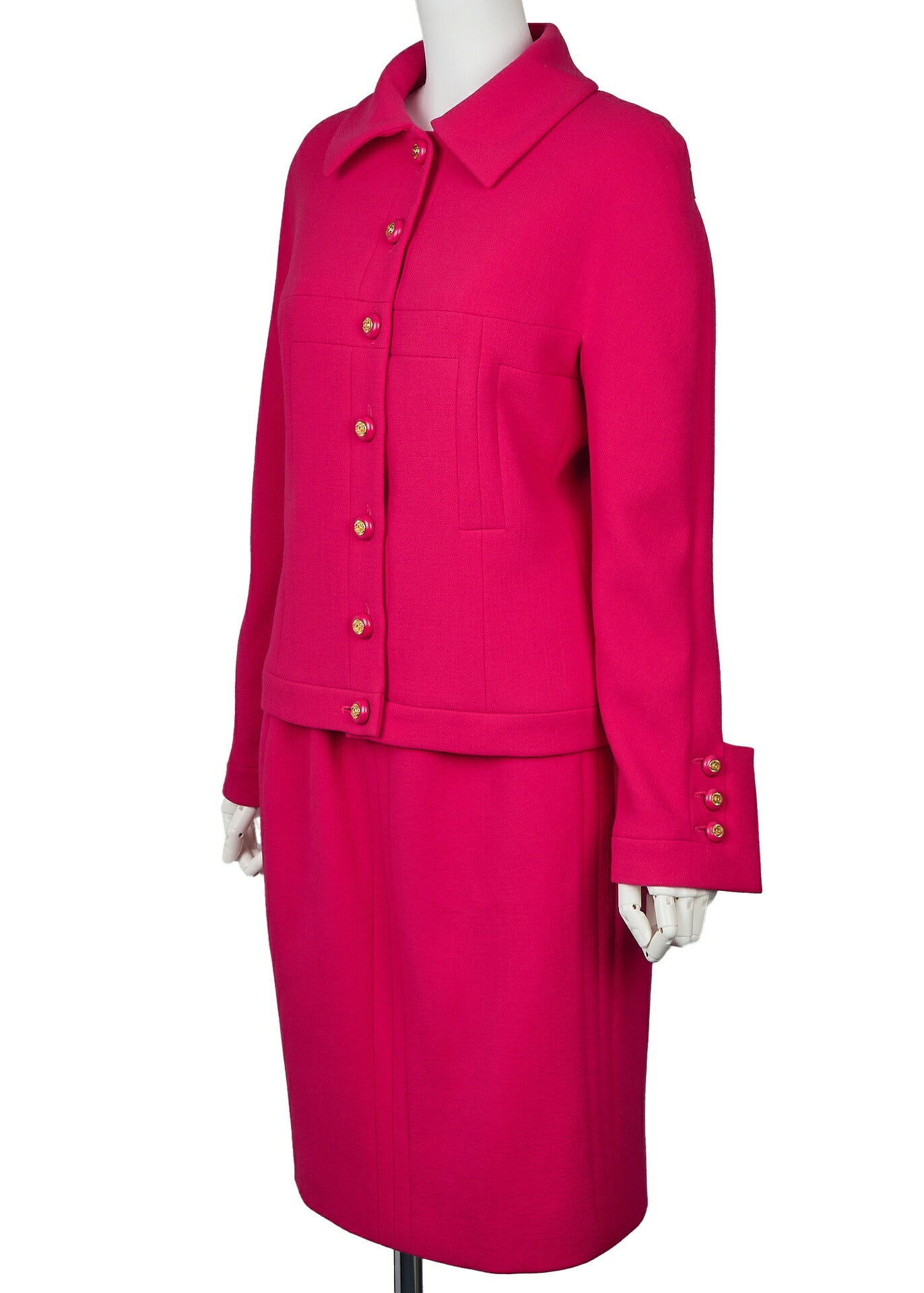 CHANEL Jacket Skirt Set, Coco Button, Wool, Pink, Gold-Tone Hardware, Pre-Owned - Vintage La Charme