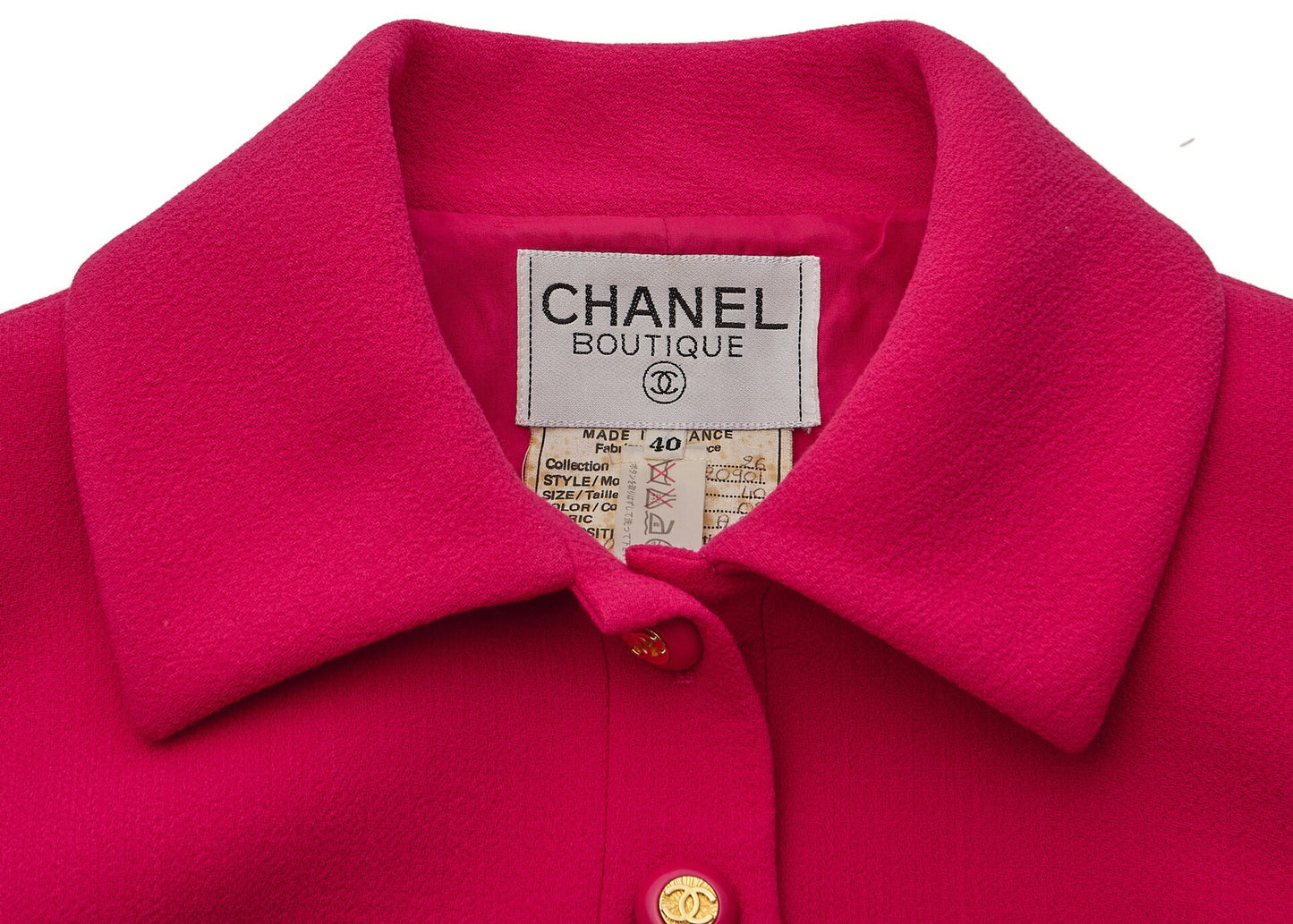 CHANEL Jacket Skirt Set, Coco Button, Wool, Pink, Gold-Tone Hardware, Pre-Owned - Vintage La Charme