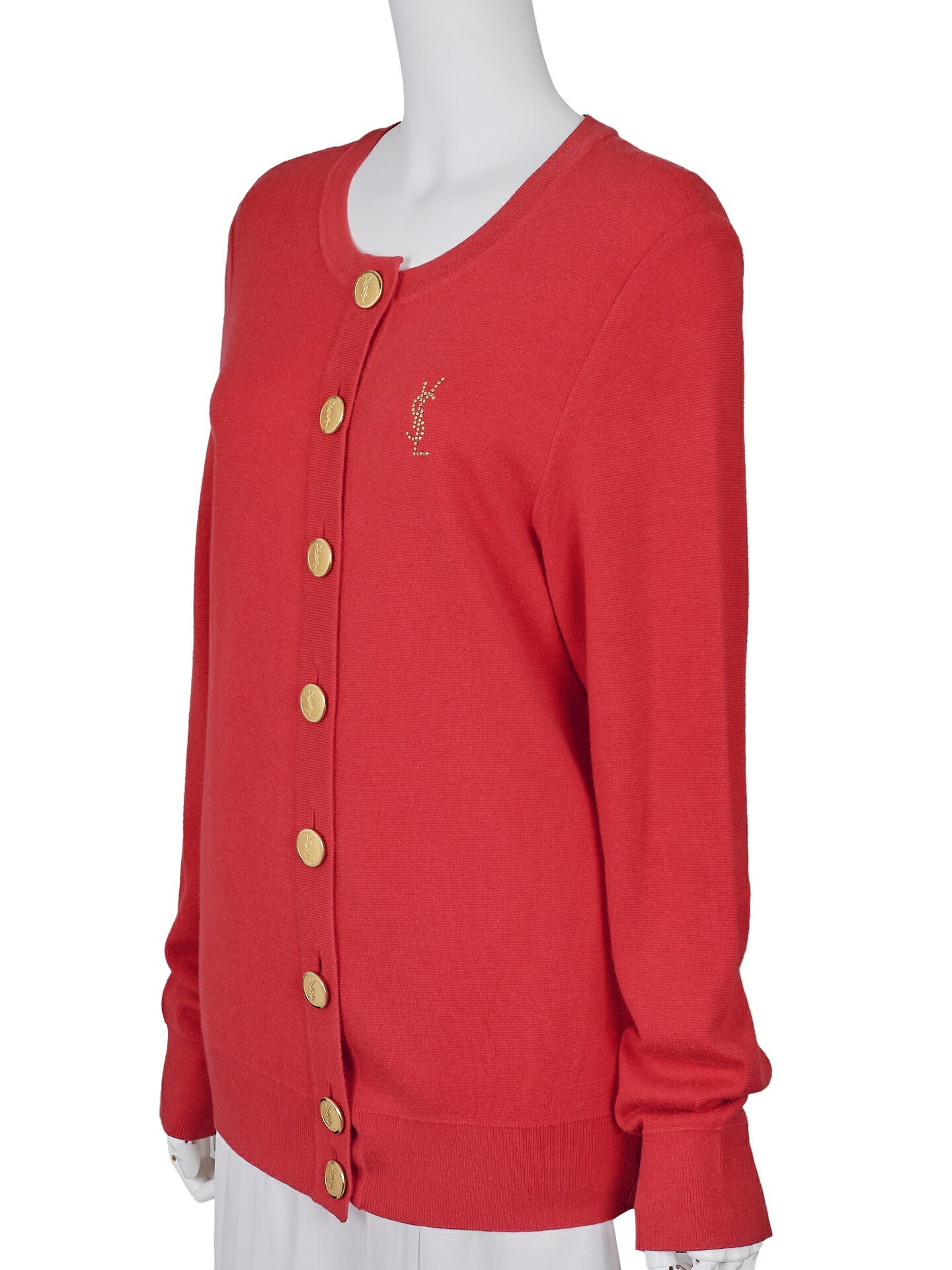 Saint Laurent Cardigan Knit Outer Top, Luxury Style, Cotton Rayon Blend, Red, Silver-Tone Hardware, Pre-Owned - Vintage La Charme