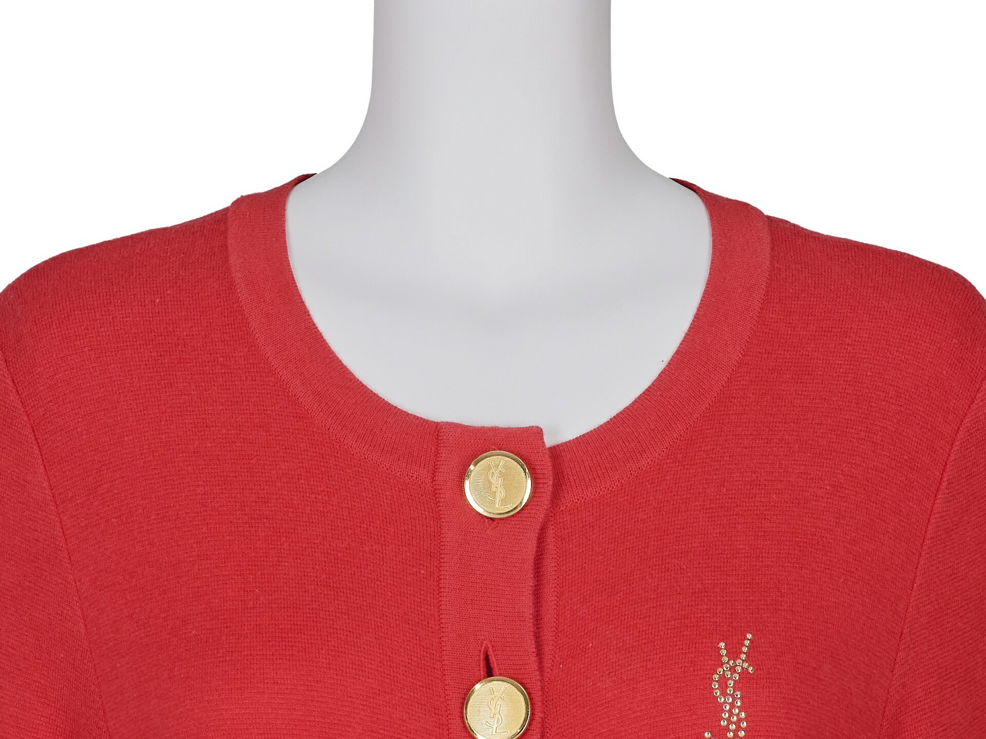 Saint Laurent Cardigan Knit Outer Top, Luxury Style, Cotton Rayon Blend, Red, Silver-Tone Hardware, Pre-Owned - Vintage La Charme