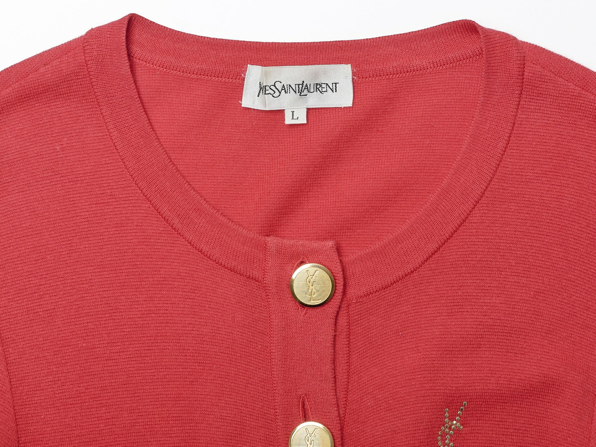 Saint Laurent Cardigan Knit Outer Top, Luxury Style, Cotton Rayon Blend, Red, Silver-Tone Hardware, Pre-Owned - Vintage La Charme