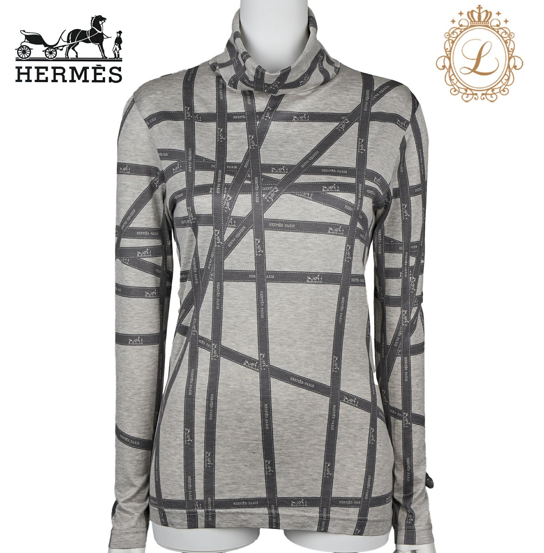 Hermes Turtleneck Long Sleeve Top, Logo Ribbon Design, Grey, Silver-Tone Hardware, Pre-Owned - Vintage La Charme