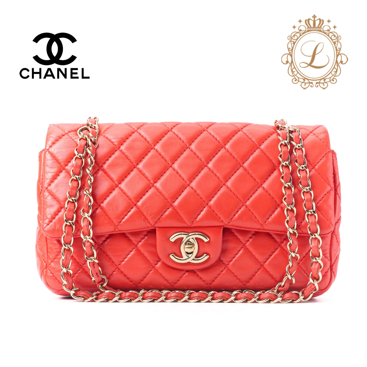 CHANEL Shoulder Bag Matelasse Turn Lock Double Flap Lambskin Red Gold-Tone Hardware Pre-Owned - Vintage La Charme
