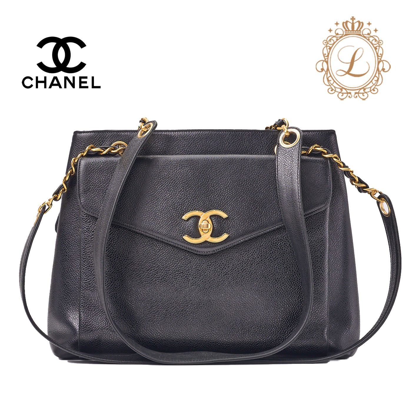 CHANEL Tote Bag, Outside Flap, Double Chain Shoulder, Caviar Skin, Black, Gold-Tone Hardware, Pre-Owned - Vintage La Charme