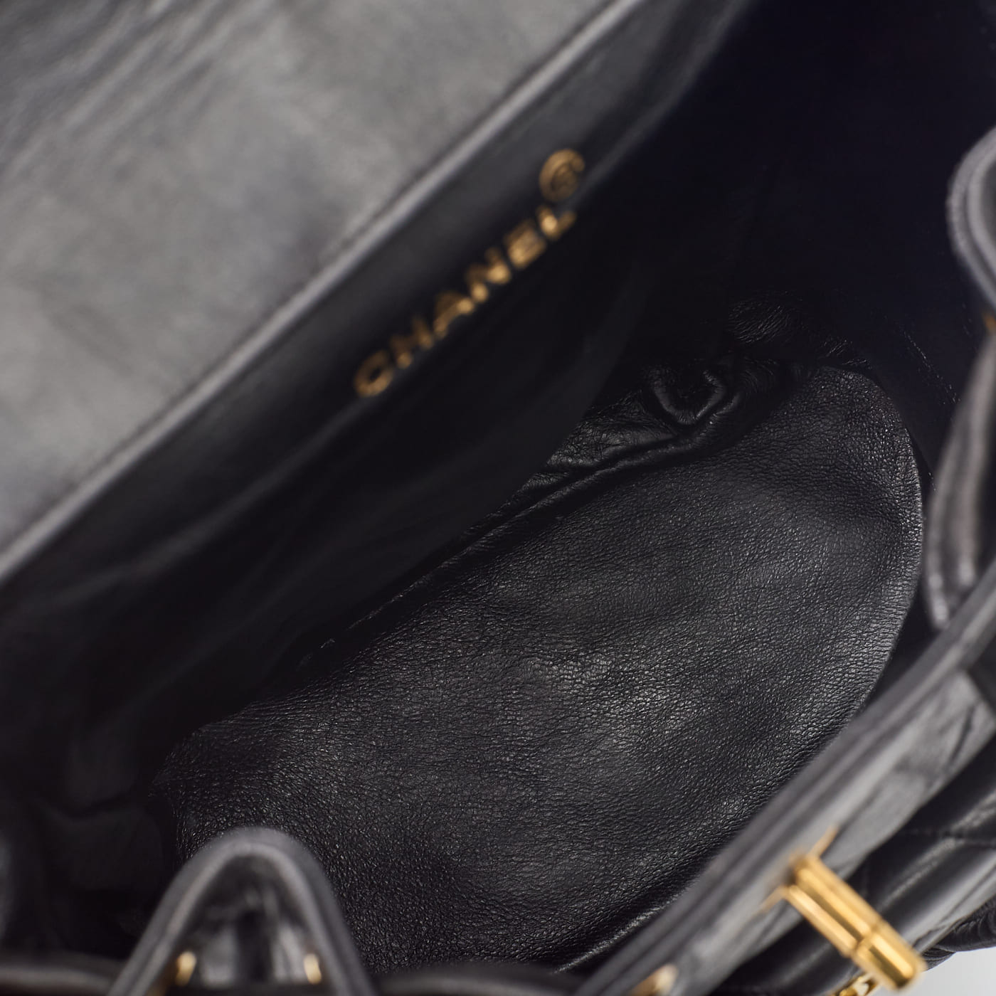 CHANEL Chain Backpack Bag Matelasse Outside Flap Turn Lock Lambskin Black Gold-Tone Hardware Pre-Owned - Vintage La Charme