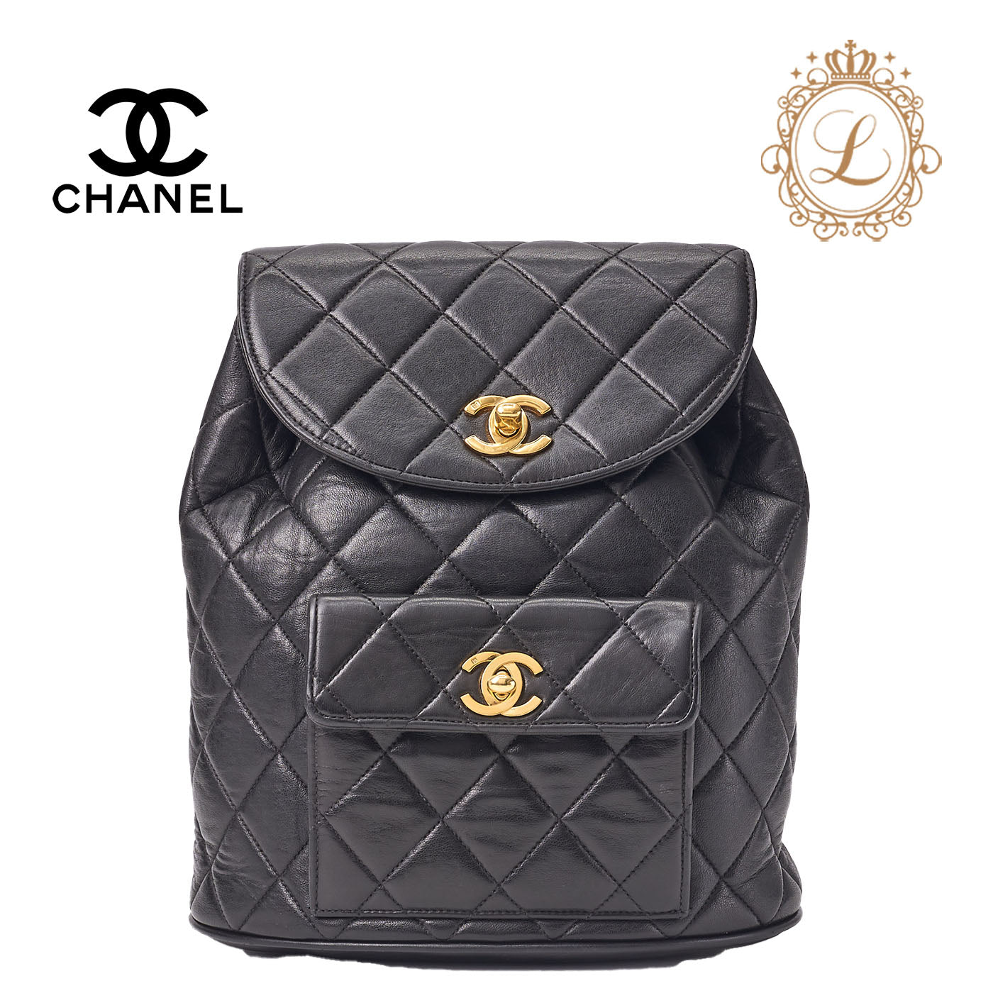 CHANEL Chain Backpack Bag Matelasse Outside Flap Turn Lock Lambskin Black Gold-Tone Hardware Pre-Owned - Vintage La Charme