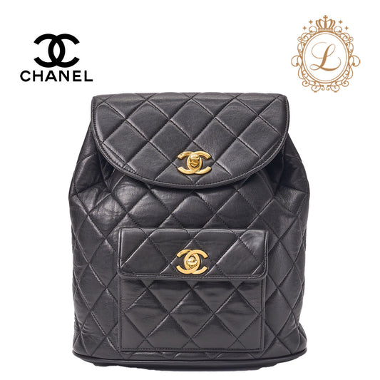 CHANEL Chain Backpack Bag Matelasse Outside Flap Turn Lock Lambskin Black Gold-Tone Hardware Pre-Owned - Vintage La Charme