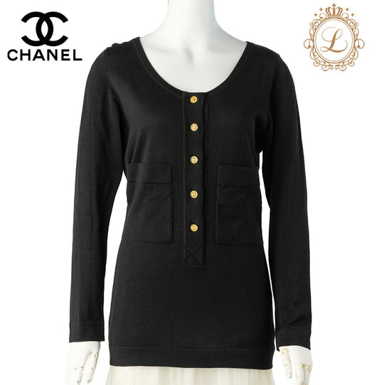 CHANEL Cardigan, Coco Button, Long Sleeve, Knit, Black, Gold-Tone Hardware, Pre-Owned - Vintage La Charme