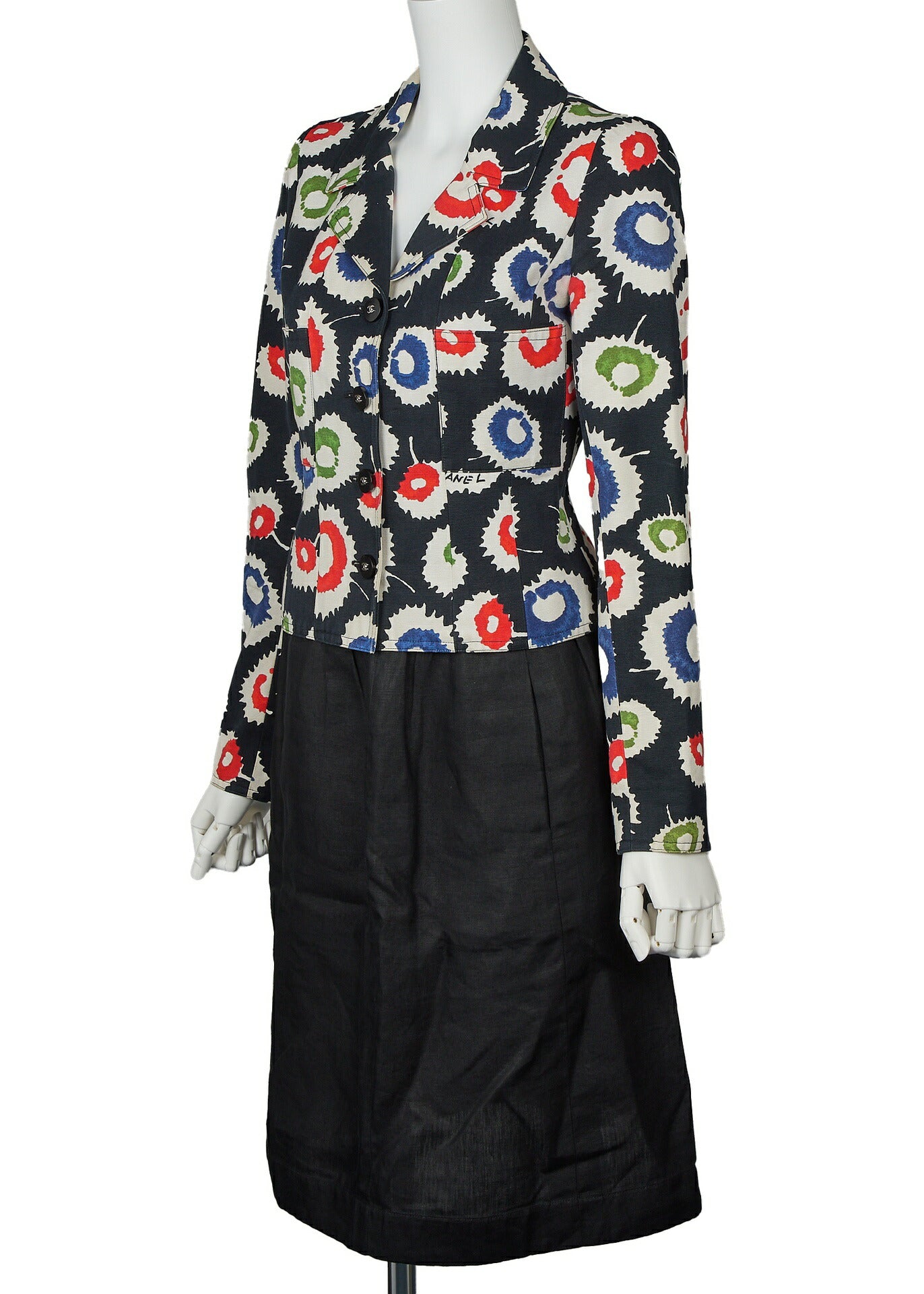 Chanel Jacket Skirt Setup, Paint Pattern, Cotton, Black, Gold-Tone Hardware, Pre-Owned - Vintage La Charme