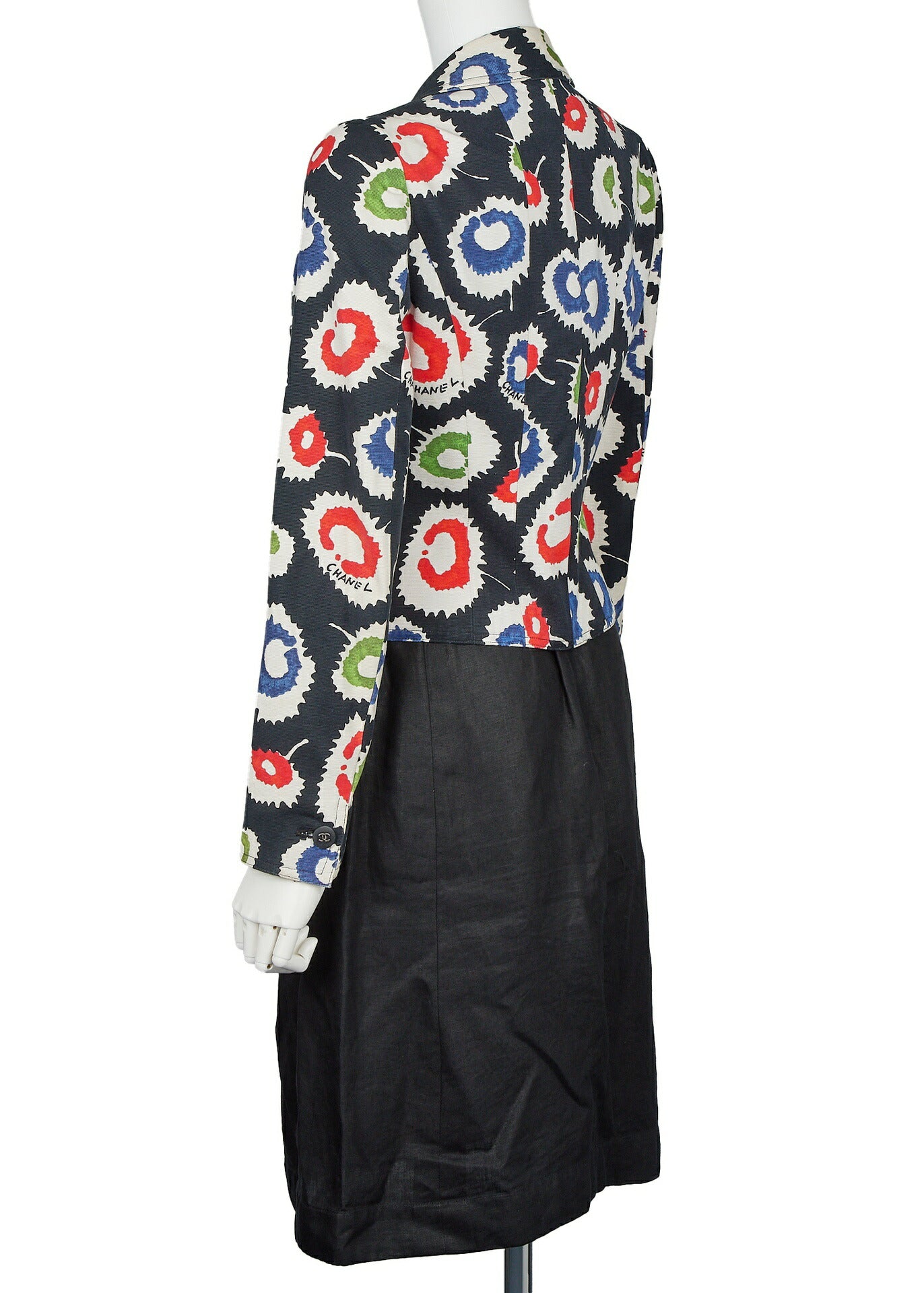Chanel Jacket Skirt Setup, Paint Pattern, Cotton, Black, Gold-Tone Hardware, Pre-Owned - Vintage La Charme