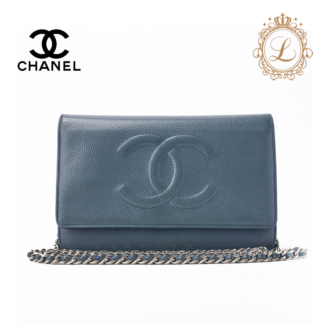 CHANEL Chain Wallet, Coco Mark, Caviar Skin, Blue, Gold-Tone Hardware, Pre-Owned - Vintage La Charme