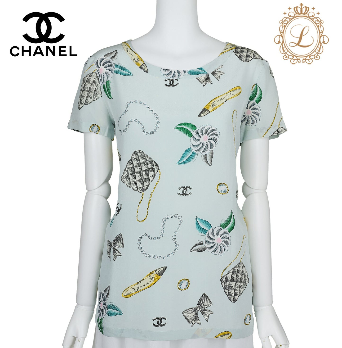 CHANEL T-Shirt Blouse Short Sleeve Ribbon Cut Sew Cotton Light Blue Gold-Tone Hardware Pre-Owned - Vintage La Charme