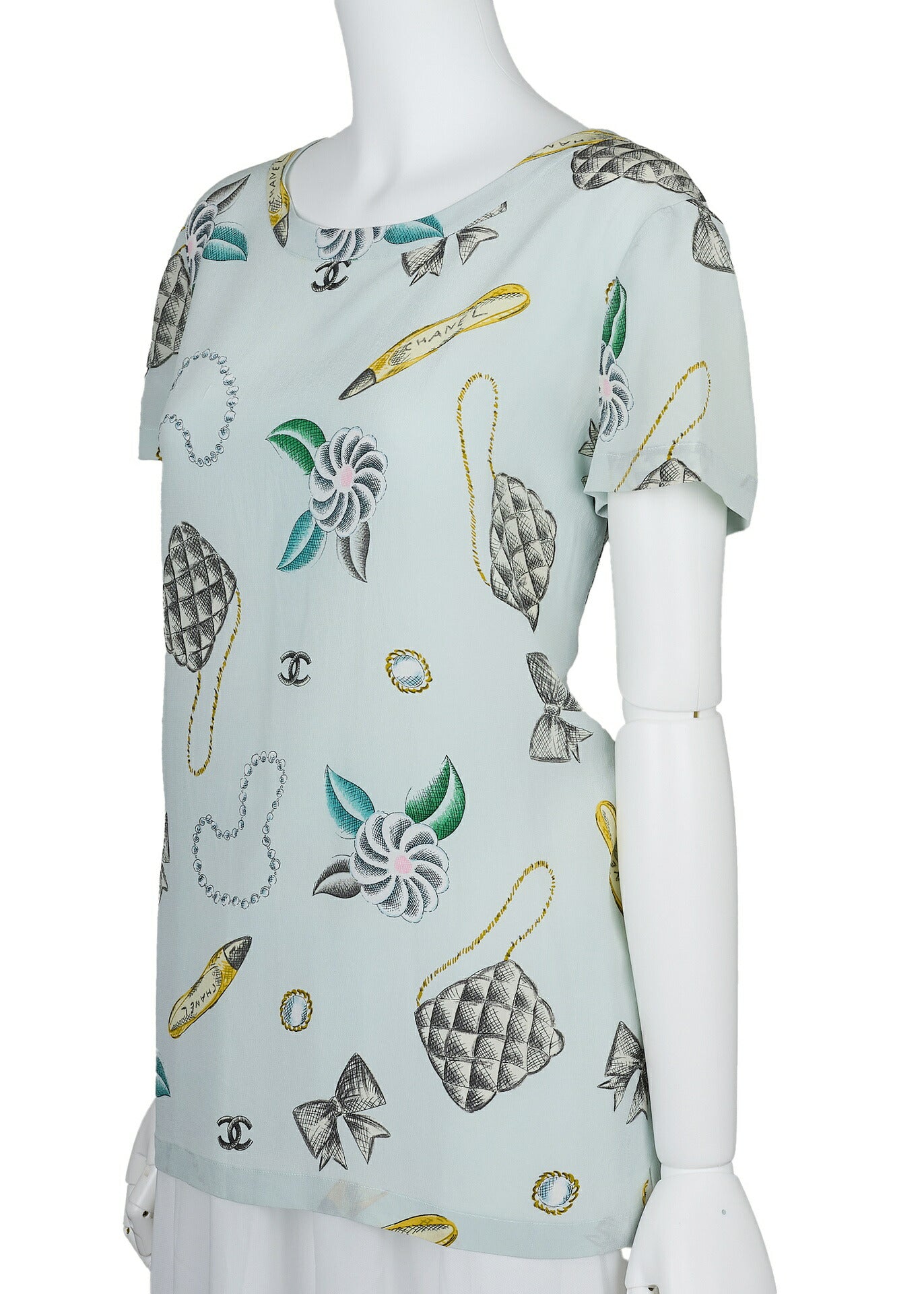 CHANEL T-Shirt Blouse Short Sleeve Ribbon Cut Sew Cotton Light Blue Gold-Tone Hardware Pre-Owned - Vintage La Charme