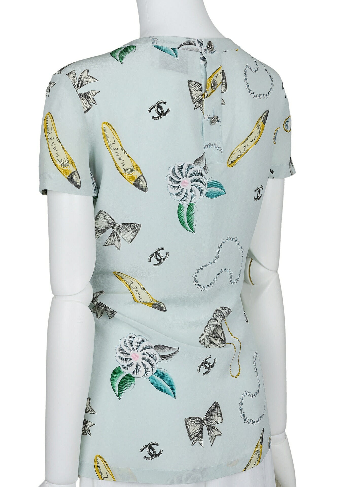 CHANEL T-Shirt Blouse Short Sleeve Ribbon Cut Sew Cotton Light Blue Gold-Tone Hardware Pre-Owned - Vintage La Charme