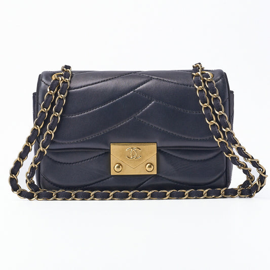 CHANEL Shoulder Bag, Push Lock, Wave Stitch, Lambskin Canvas, Navy, Gold-Tone Hardware, Pre-Owned - Vintage La Charme