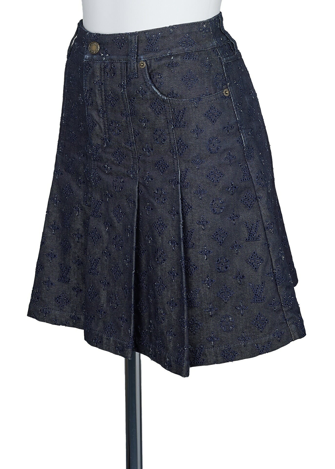 Louis Vuitton Pleated Skirt, Monogram Punching, Cotton, Blue, Silver-Tone Hardware, Pre-Owned - Vintage La Charme
