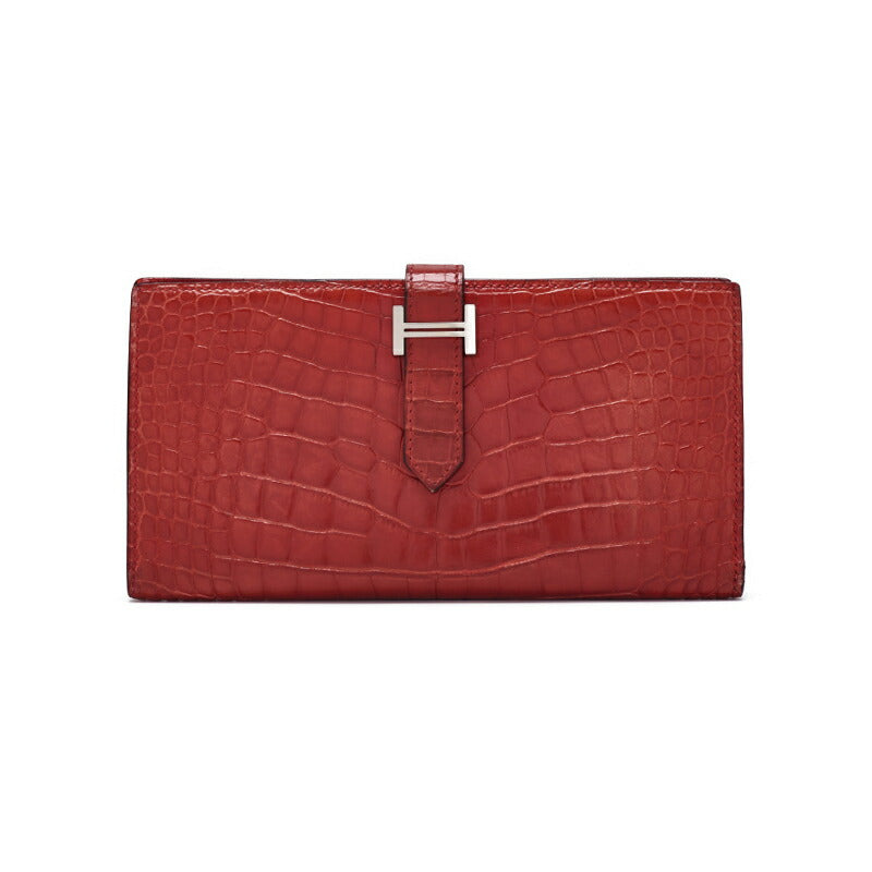 HERMES Bearn Soufflet 2 Fold Long Wallet Alligator Blaze Raise Silver-Tone Hardware Pre-Owned - Vintage La Charme