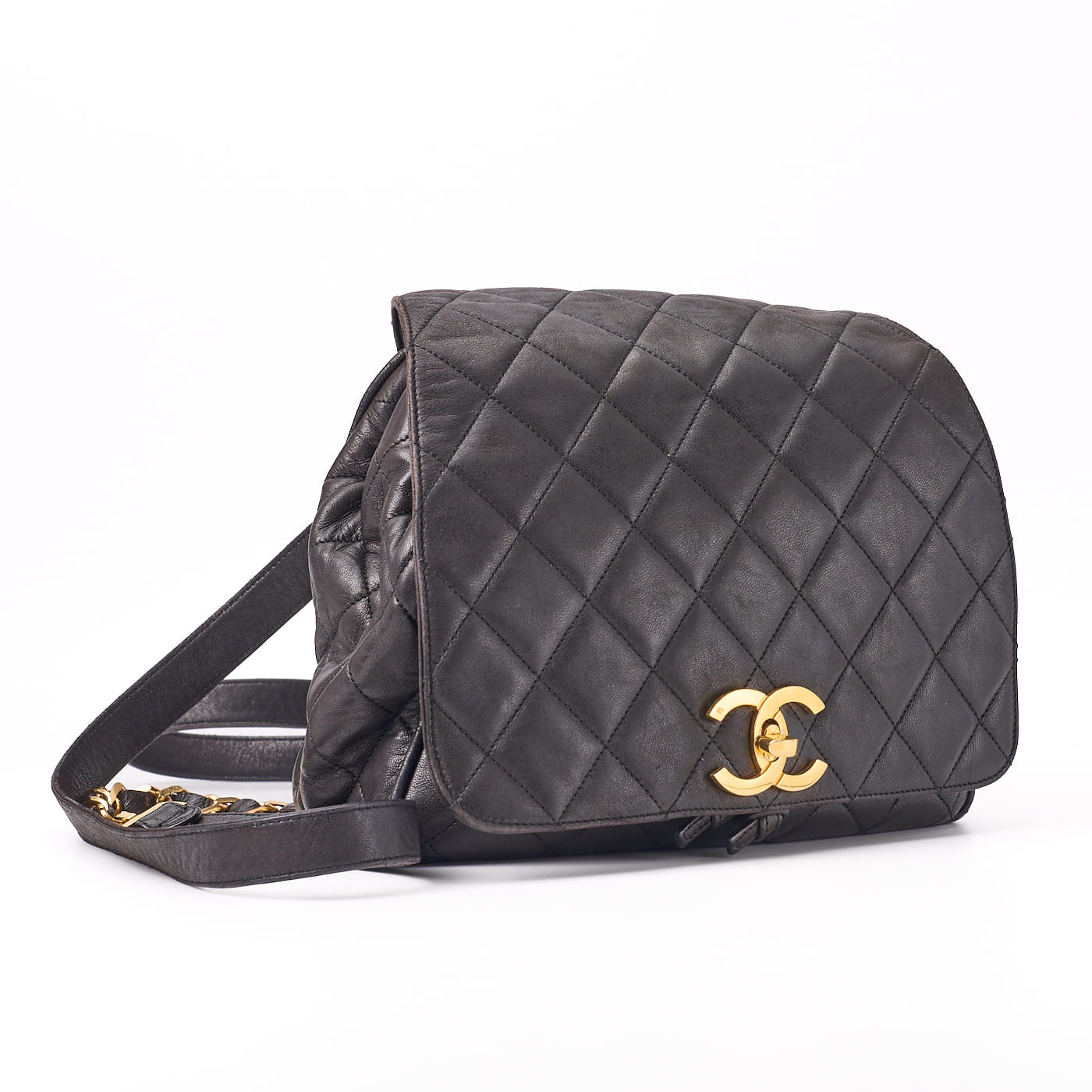 CHANEL Chain Backpack Bag, Matelasse, Lambskin, Black, Gold-Tone Hardware, Pre-Owned - Vintage La Charme