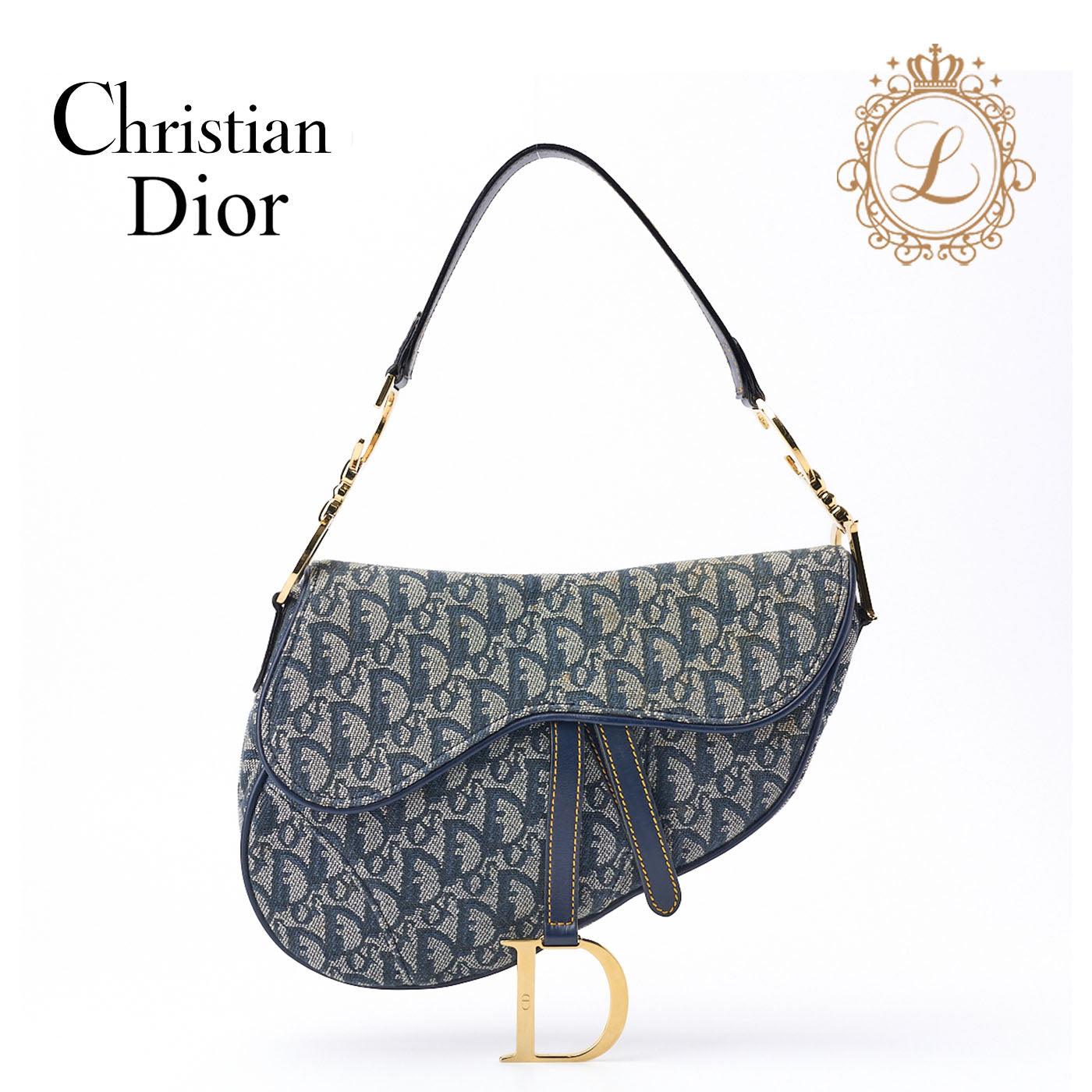 Dior Trotter Saddle Bag Canvas, Leather, Navy, Gold-Tone Hardware, Pre-Owned - Vintage La Charme