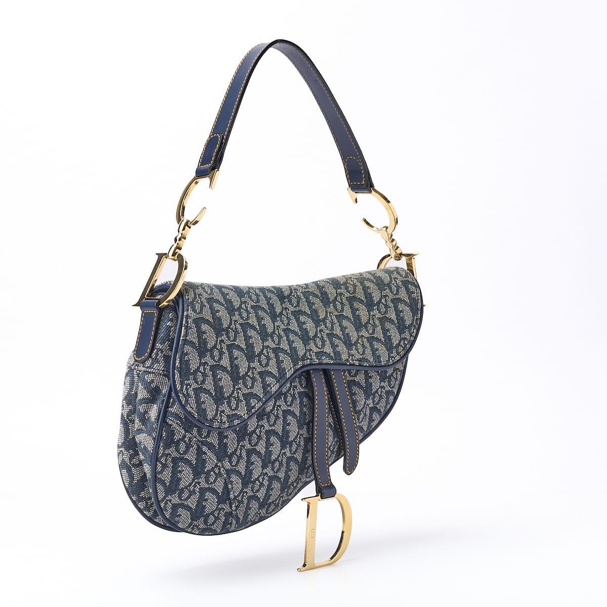 Dior Trotter Saddle Bag Canvas, Leather, Navy, Gold-Tone Hardware, Pre-Owned - Vintage La Charme