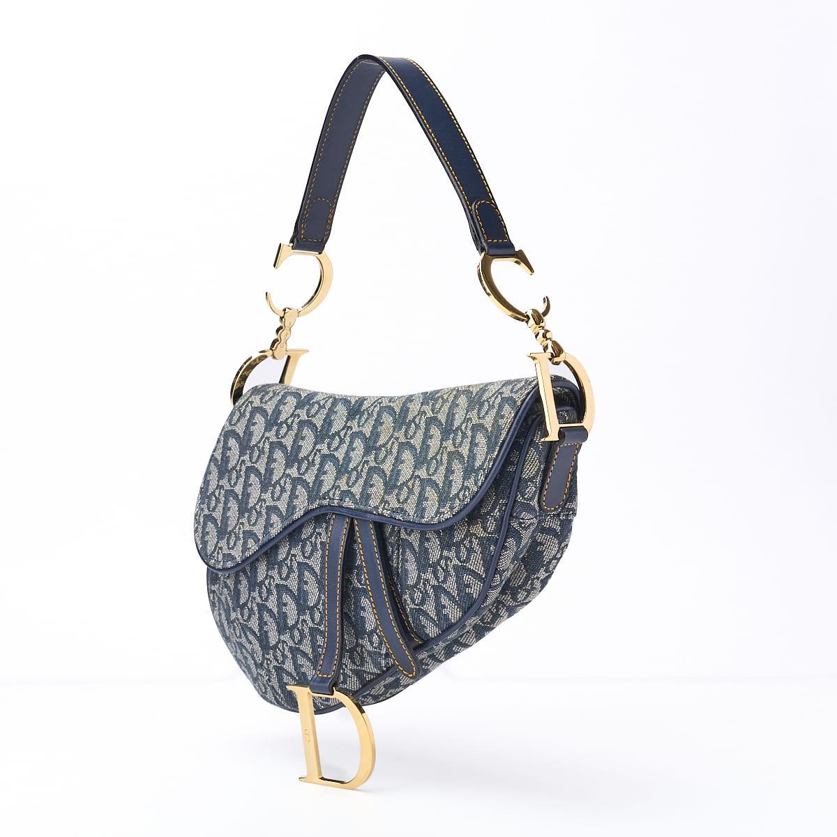 Dior Trotter Saddle Bag Canvas, Leather, Navy, Gold-Tone Hardware, Pre-Owned - Vintage La Charme