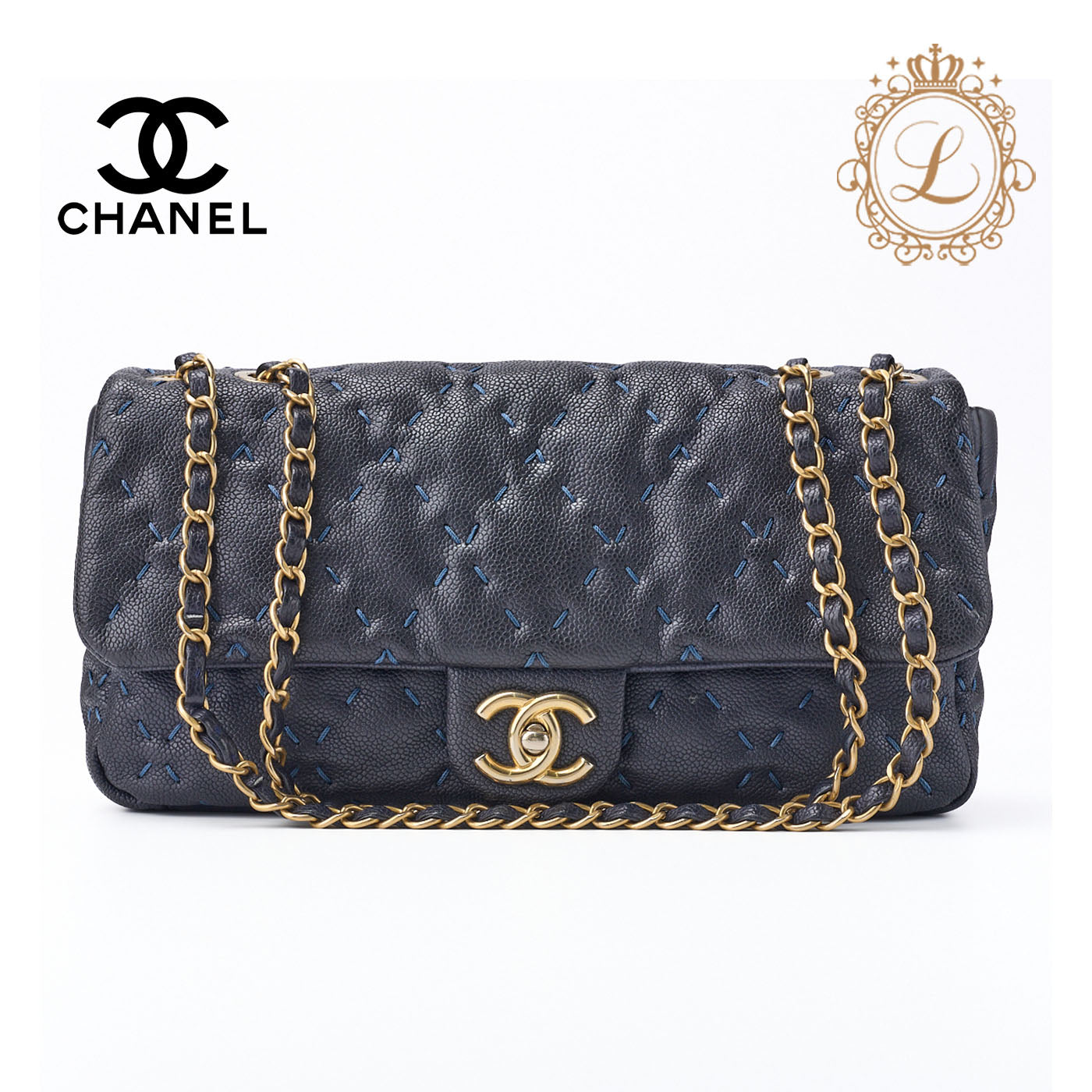 CHANEL Shoulder Bag Mini Wild Stitch Matelasse Caviar Skin Navy Gold-Tone Hardware Pre-Owned - Vintage La Charme