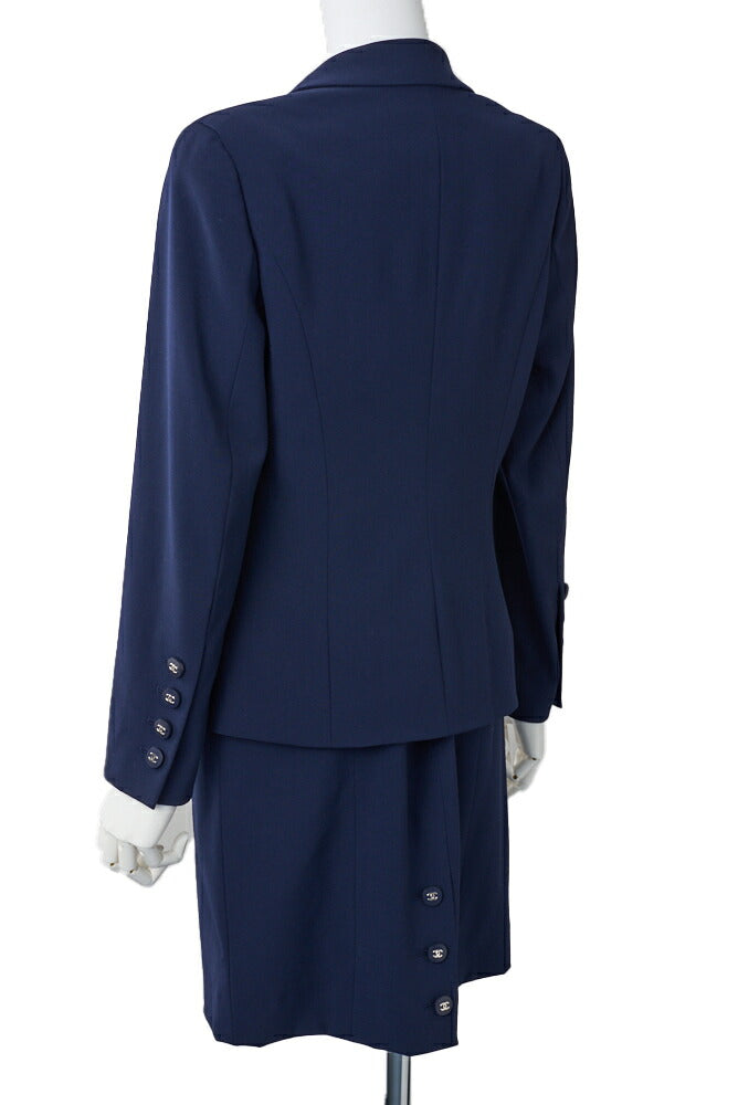 CHANEL Jacket Skirt Set, Coco Button, Wool, Navy, Gold-Tone Hardware, Pre-Owned - Vintage La Charme