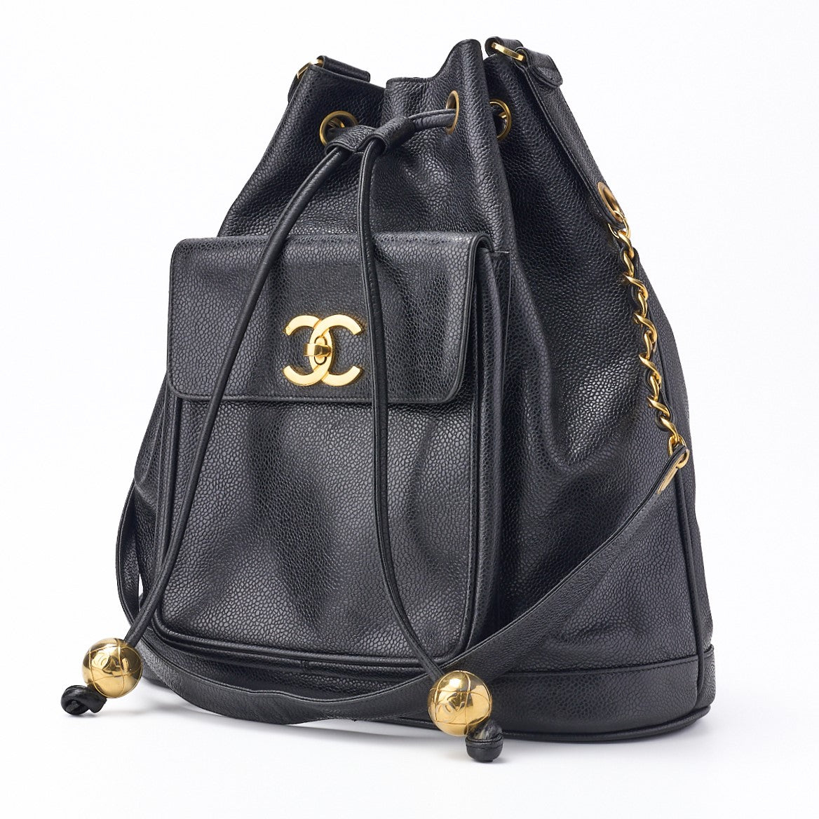 CHANEL Chain Shoulder Backpack Bag, Outside Flap, Drawstring Type, Caviar Skin, Black, Gold-Tone Hardware, Pre-Owned - Vintage La Charme