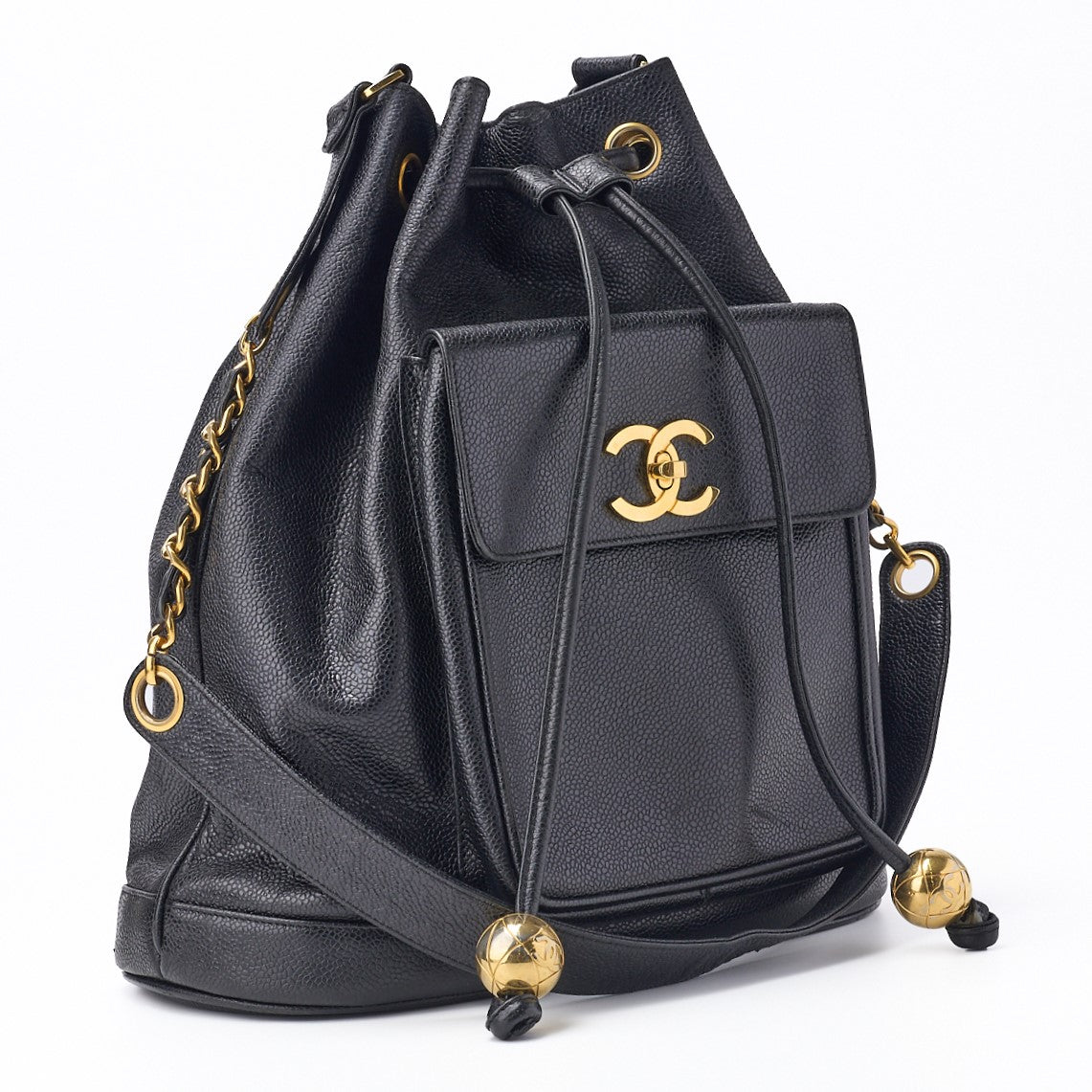 CHANEL Chain Shoulder Backpack Bag, Outside Flap, Drawstring Type, Caviar Skin, Black, Gold-Tone Hardware, Pre-Owned - Vintage La Charme
