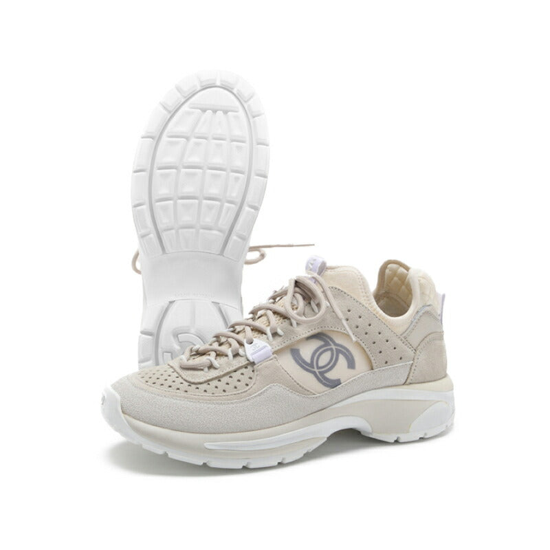 CHANEL Sneakers, Coco Mark, Suede, Light Gray, Gold-Tone Hardware, Pre-Owned - Vintage La Charme